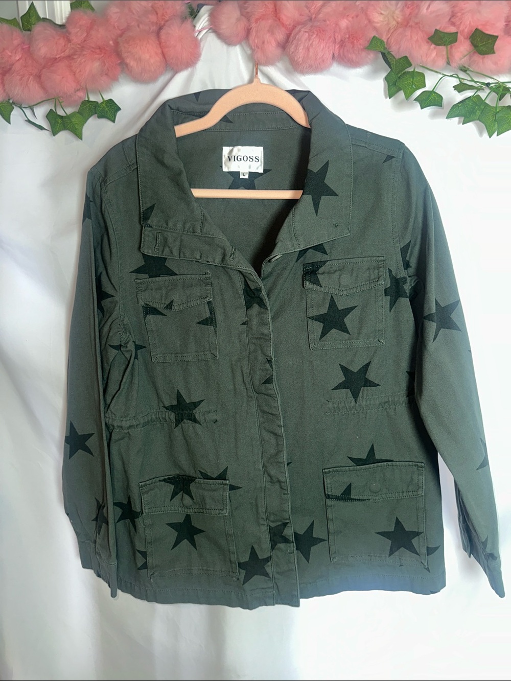 Vigoss Olive Green Military Jacket with Black Star Print